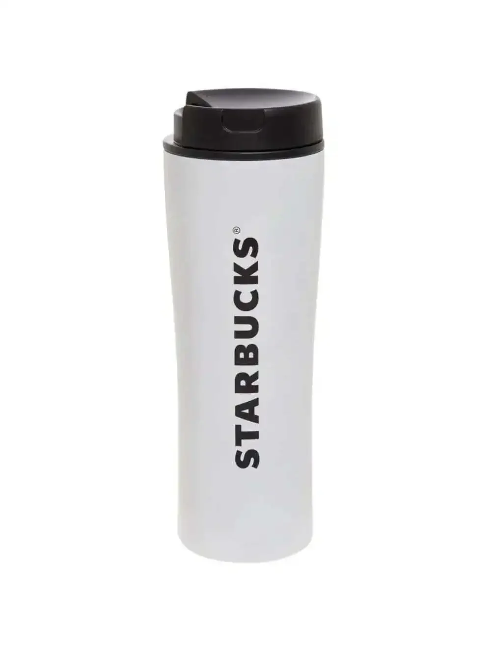 NEW Starbucks 16 Oz White Steel Vacuum Coffee Tumbler With Black Swivel Lid